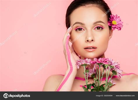 Naked Beautiful Woman Pink Lines Body Flower Hair Holding Bouquet Stock Photo By IgorVetushko