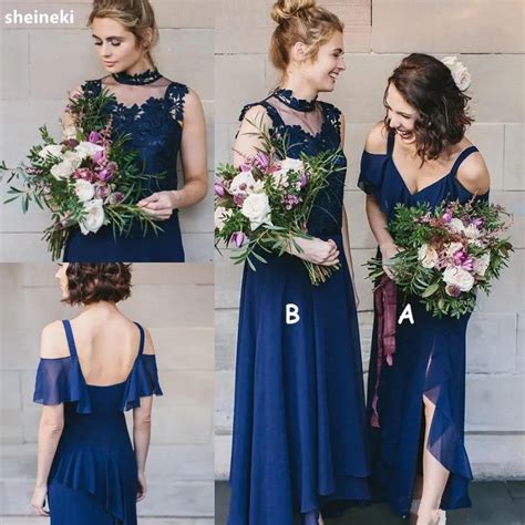 2019 Sexy Navy Blue V Neck Straps A Line Bridesmaid Dresses Slit Long