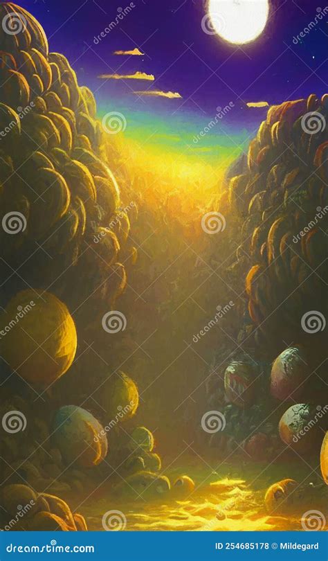 Alien Eggs In A Cave In Retro Scifi Style Stock Illustration