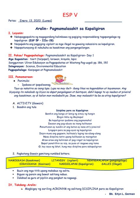 ESP 5 Enero 13 17 2020 Pagmamalasakit Sa Kapaligiran ESP V Petsa