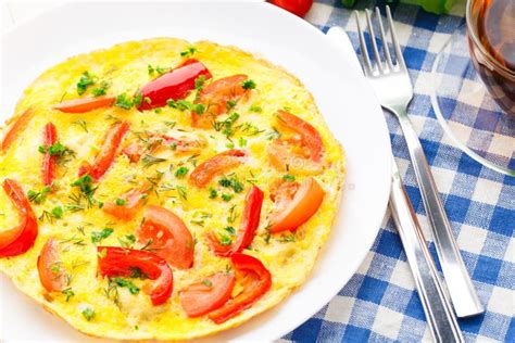 Omelet With Paprika Tomato And Herbs Stock Photo Image Of Filled