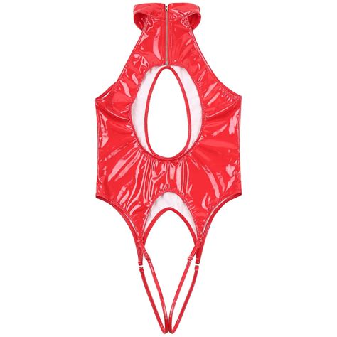 Women S Wet Look Bodysuit Leather High Cut Halter Thong Leotard Lingerie Catsuit Ebay