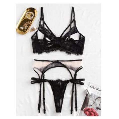 Zaful Intimates Sleepwear Flower Lace Garter Mesh Insert Lingerie Set Poshmark