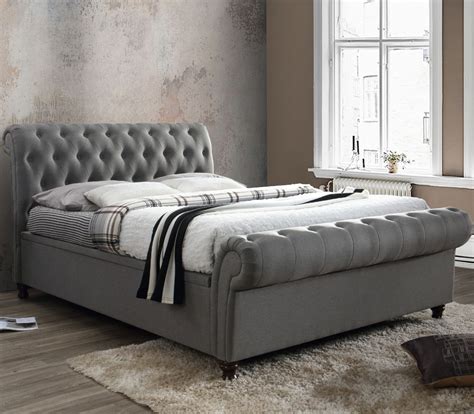 Castello Grey Fabric Ottoman Scroll Sleigh Bed 6ft Super King Size