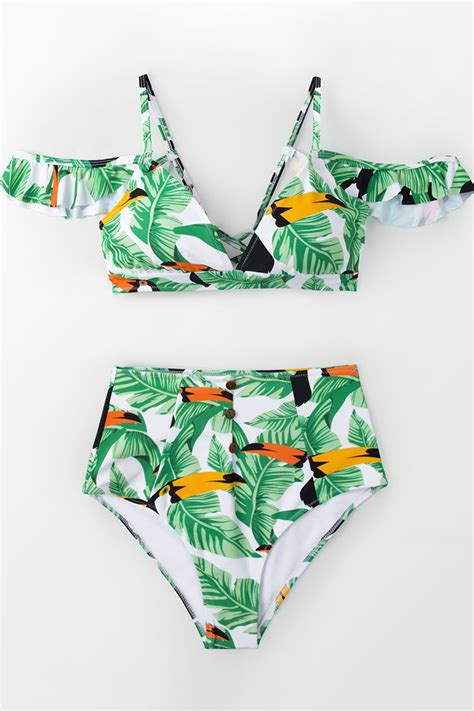Leaves And Parrots Off Shoulder Bikini
