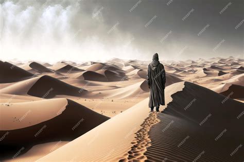 Un Hombre En Un Desierto Con Una Capucha En La Cabeza Se Para En El
