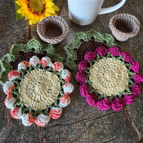 Flower And Leaves Coaster Set Of 2 In Pot Crochet Flower Pot Coaster