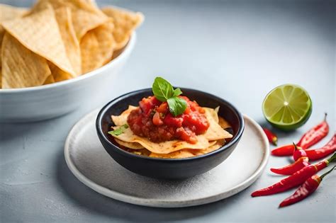 Premium Photo | A bowl of nacho chips with chips and salsa.