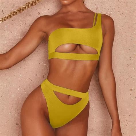 Bikini Maillot de bain femme Solid Set deux pièces rempli Soild Maillots Beachwear Jaune
