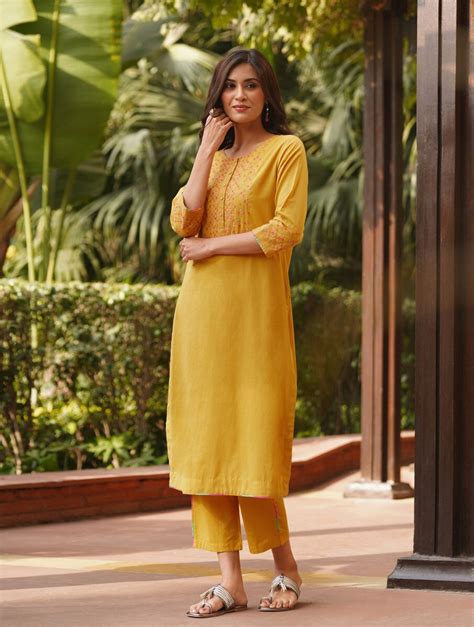 Shop Jaypore Women Mustard Yellow Cotton Round Neck Regular Fit Kurta