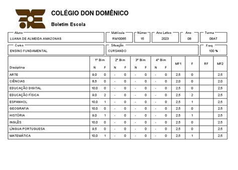 Ie Colégio E Curso Boletim - Boletim Escolar 2023 - Colégio Don Domênico | PDF