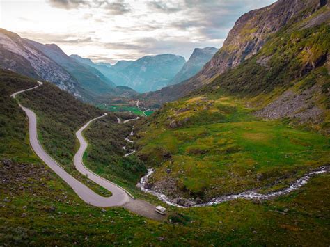 Panorama of a Mountain Valley with Serpentine Road in Stranda, Norway