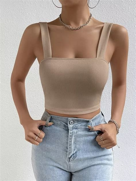 Shein Sxy Solid Crop Tank Top Shein Usa In Beige Crop Tops