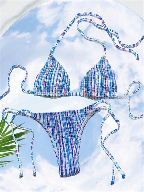 SHEIN Striped Smocked Triangle Tie Side Bikini Swimsuit SHEIN USA