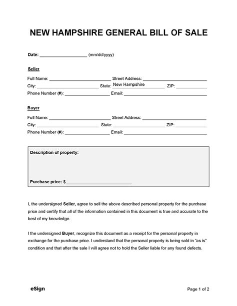 Printable Auto Bill Of Sale Form Nh Printable Templates