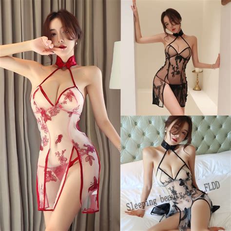Sexy Pajamas Lingerie Cheongsam Butterfly Embroidered Women Vintage Style Uniform Temptation