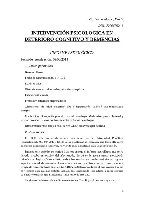 Ejemplo informe demencias Ejercicios de Psicología Clínica Docsity