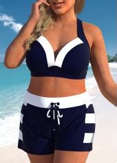 ROTITA Patchwork Navy Striped High Waisted Bikini Set