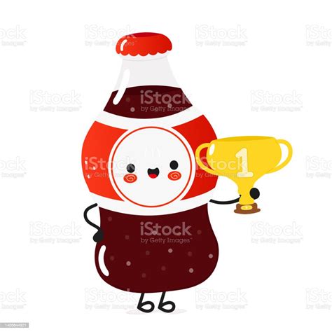 Cute Funny Bottle Cold Drink Cola Hold Gold Trophy Cup Vector Hand Drawn Cartoon Kawaii