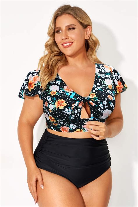 Floral Print V Neck Retro Women Bikini Top Meet Curve Meet Curve