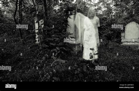 scary ghost in cemetery at night Halloween background Stock Photo - Alamy