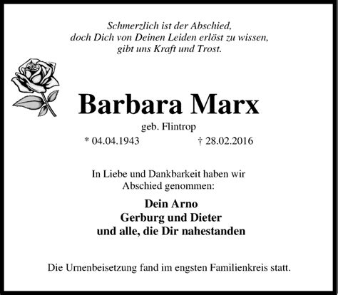 Traueranzeigen Von Barbara Marx Trauer In Nrw De