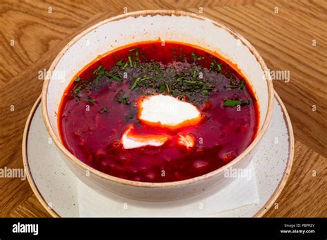 Russian Traditional Borscht With Cream Stock Photo Alamy