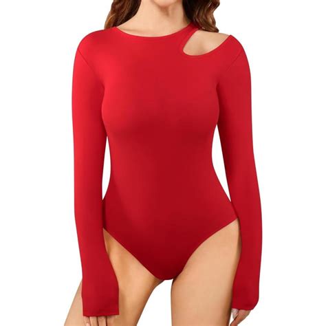 MANGOPOP Sexy Cut Out Round Neck Long Sleeve Bodysuit Tops One Shoulder