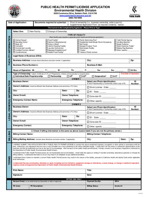 Fillable Online Publichealth Lacounty Public Health Permit License