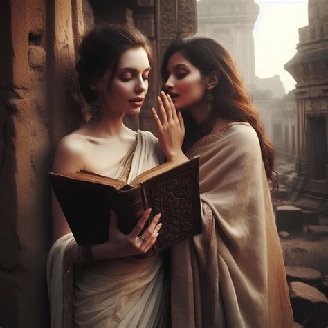 Two Women Are Standing In Front Of A Temple And One Is Reading A Book