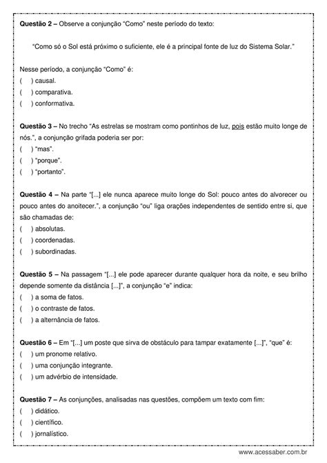Exercícios De Conjunções Subordinativas Com Gabarito 8 Ano