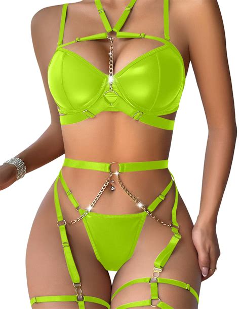 Snapklik Women Sexy Chain Strappy Underwire O Ring Push Up Garter Belt Chocker Lingerie