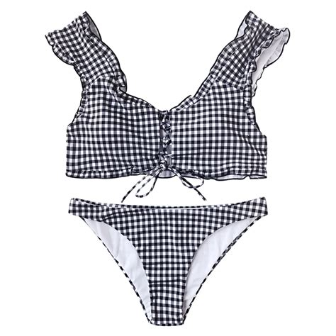 High Quality Plaid Hollow Bikini Brazilian Ruffle Swimsuit Frilly Women Swimwear Female Clasp