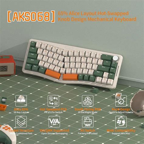 Aks Wired Mechanical Gaming Keyboard Alice Layout Hot Swapped Gasket Mount With Rgb