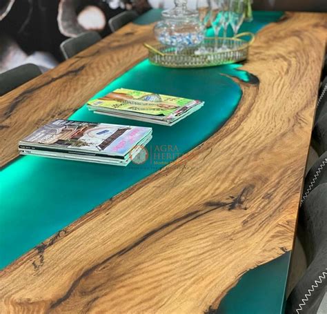 Blue Resin Handmade Epoxy River Blue Acacia Wood Dining Table Office