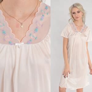 Pink Nightgown Y K Lingerie Mini Dress Floral Embroidered Mesh Trim Nightie Retro Sleepwear