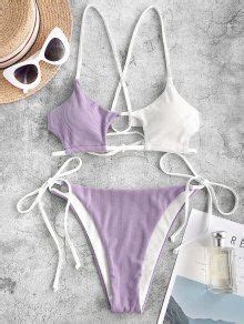 ZAFUL Ribbed Colorblock Cutout String Bikini Swimwear In LIGHT PURPLE ZAFUL
