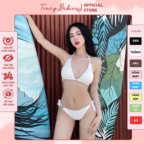 Bikini 2 mảnh đi biển sexy chất xốp nhăn phối khoen nhiều màu sẵn đệm