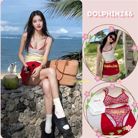 Bikini đồ bơi nữ set 4 chi tiết màu trắng phối KẺ ĐỎ thời trang đi biển trẻ trung cá tính sexy