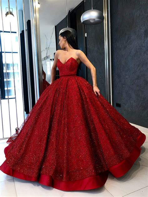 Ball Gown Prom Dresses Sweetheart Red Lace Long Luxury Sparkly Prom ...