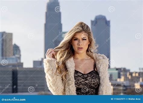 Gorgeous Blonde Hispanic Model Posing Outdoors Stock Image Image Of Dress Body