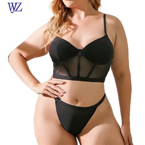Sexy Underwear Set With Simple Thin Mesh Underwire Women Plus Size Lingerie Thong Sexy