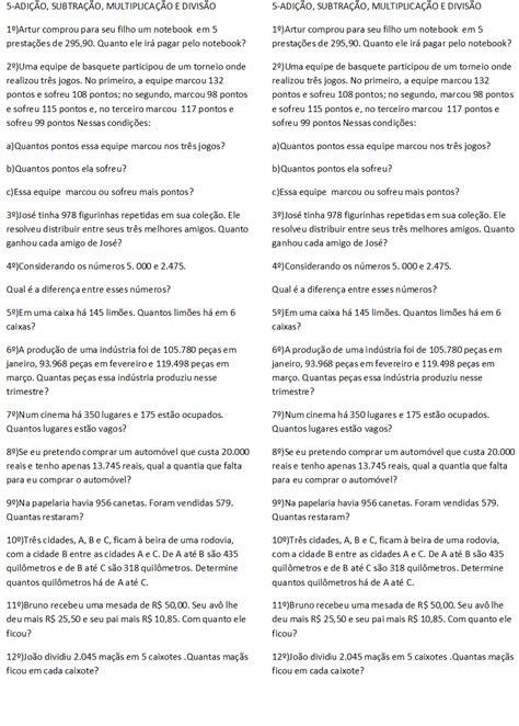 Situações Problemas Envolvendo As Quatro Operações 4 Ano