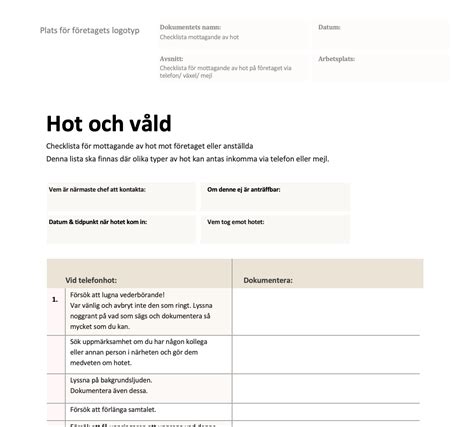 Checklista Mottagande Av Hot Via Telefon Eller Mejl Lawbox