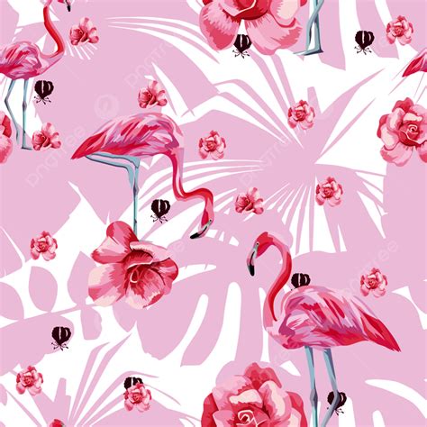 Belleza Plano Vector P Jaro Rosa Flamingo Y Flores Rosas Seamless