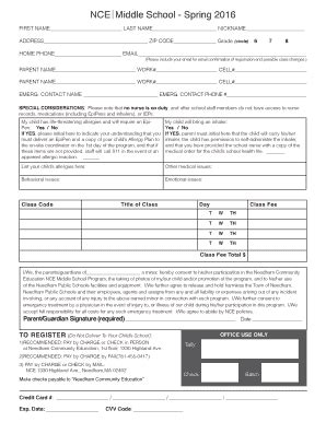 Fillable Online NCE Middle School Spring 2016 Fax Email Print PdfFiller