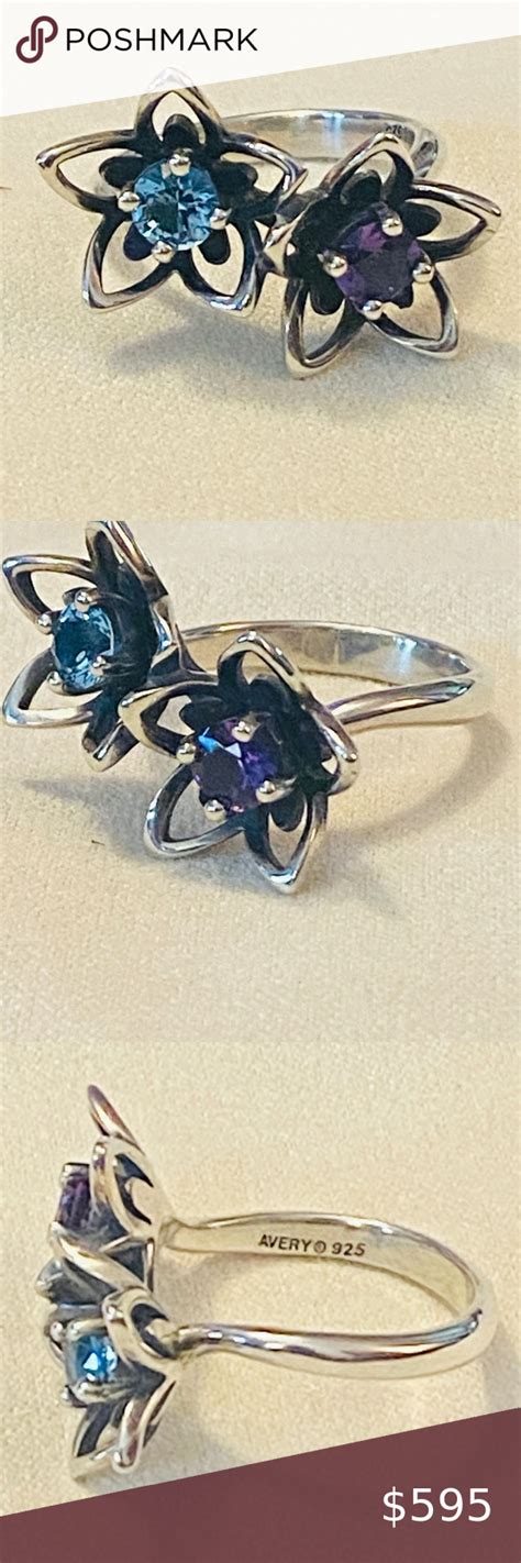 James Avery Retired Silver Double Flower Ring Amethyst Topaz Stones