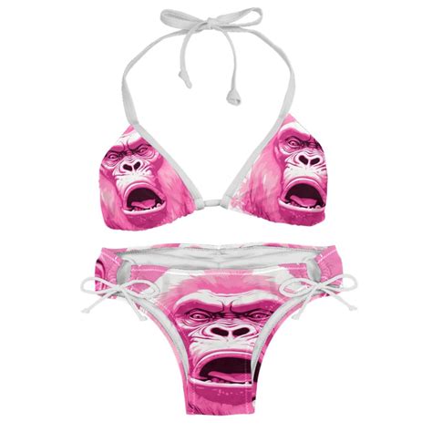 Pink Monkey Gorilla Detachable Sponge Adjustable Strap Bikini Set Two Pack Swim Suits For