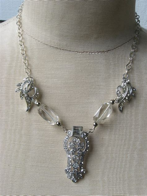 Art Deco Rhinestone Dress Clip Necklace Crystal Beads Repurposed