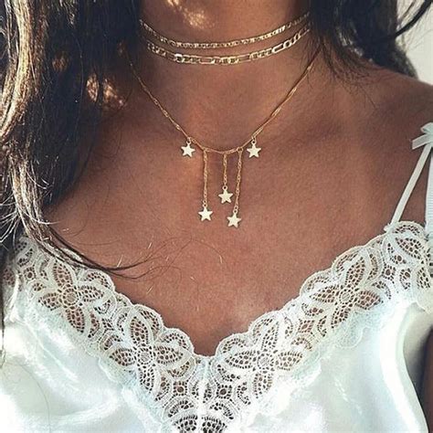 Boho Multi Layer Gold Chain Star Choker Necklace For Women Tassel